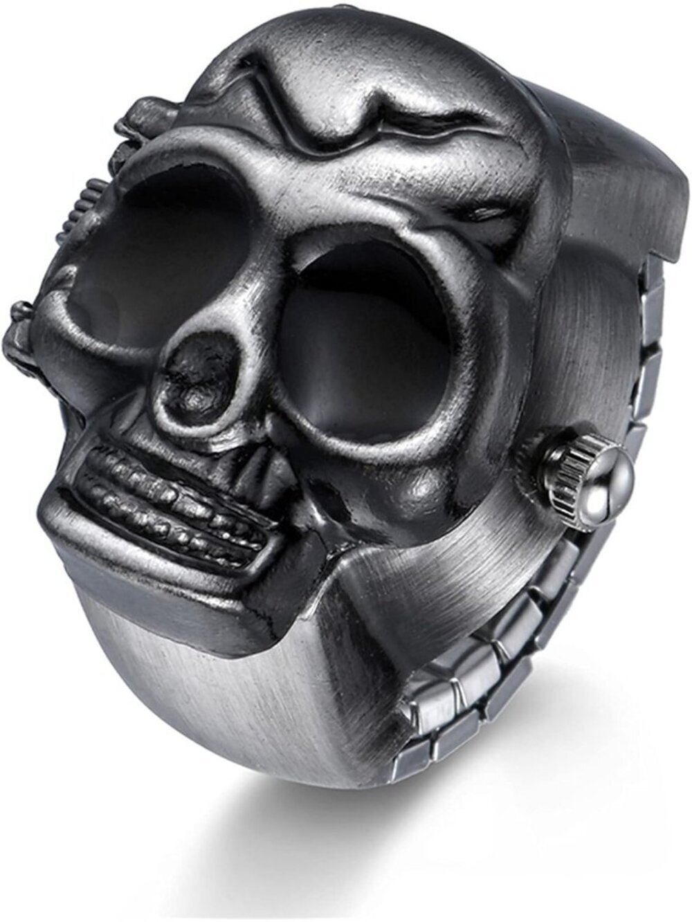 Unisex Black Analog Quartz Punk Skull Flip-Open Adjustable Finger Ring Watch